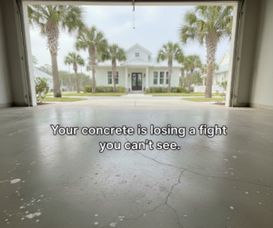 Gulf Coast garage floor showing efflorescence, hairline cracks, and moisture condensation from humidity exposure on unprotected concrete
